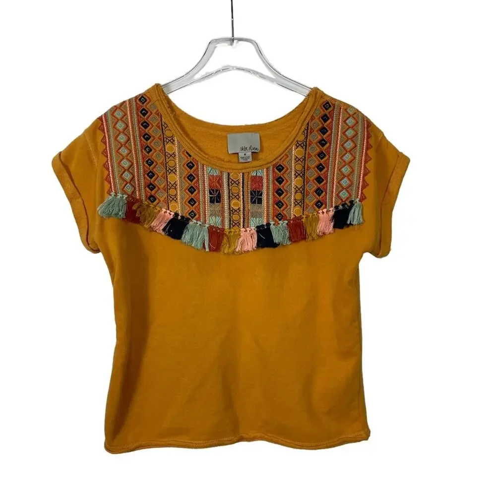 Anthropologie Chloe Oliver Valencia Top Embroidered Fringe Yellow Size Medium - Picture 2 of 9